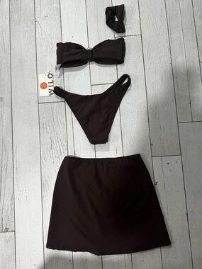 Willow Chocolate Brown Three-Piece Bikini Set with Skirt
